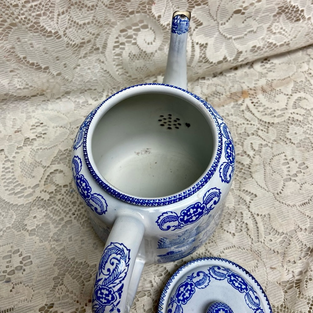 Antique,Rare, Blue Willow Enamelware Teapot or Tea Kettle 10in W x 7.5in H