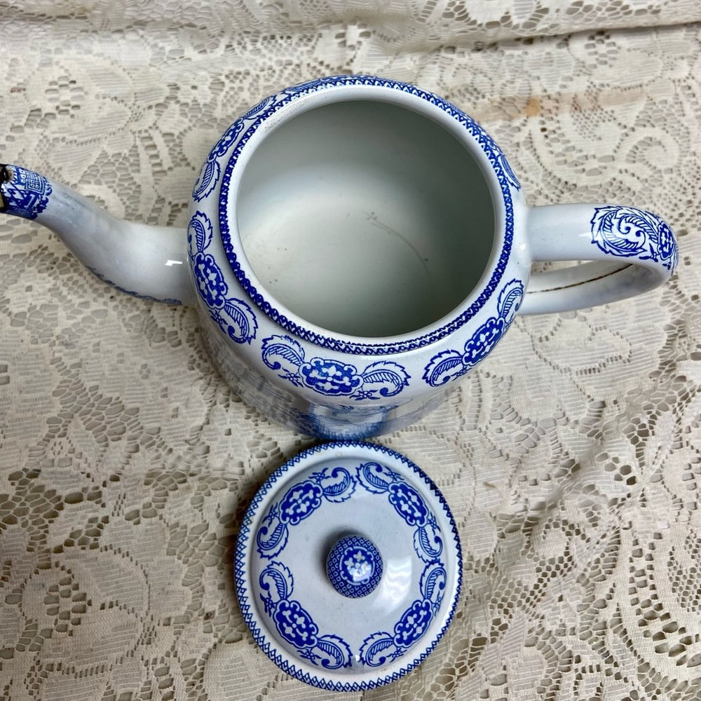 Antique,Rare, Blue Willow Enamelware Teapot or Tea Kettle 10in W x 7.5in H