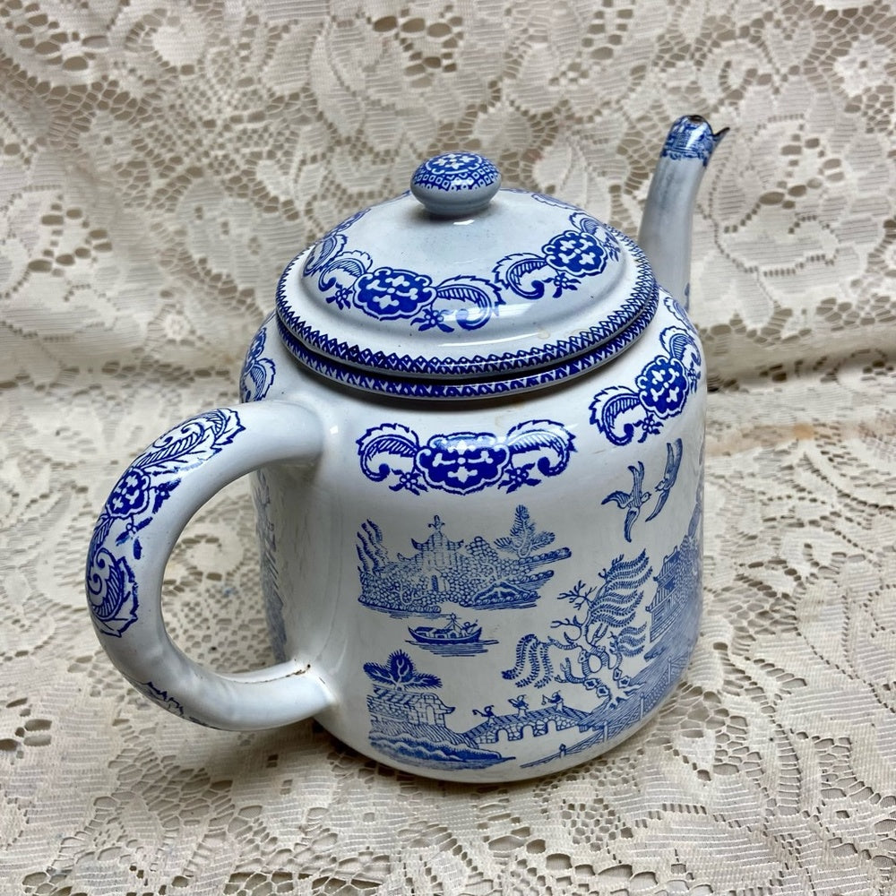 Antique,Rare, Blue Willow Enamelware Teapot or Tea Kettle 10in W x 7.5in H
