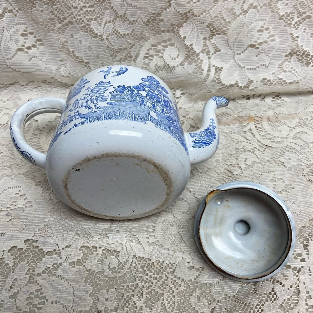 Antique,Rare, Blue Willow Enamelware Teapot or Tea Kettle 10in W x 7.5in H