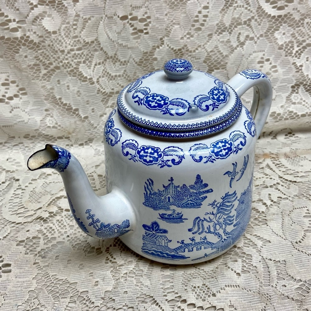 Antique,Rare, Blue Willow Enamelware Teapot or Tea Kettle 10in W x 7.5in H
