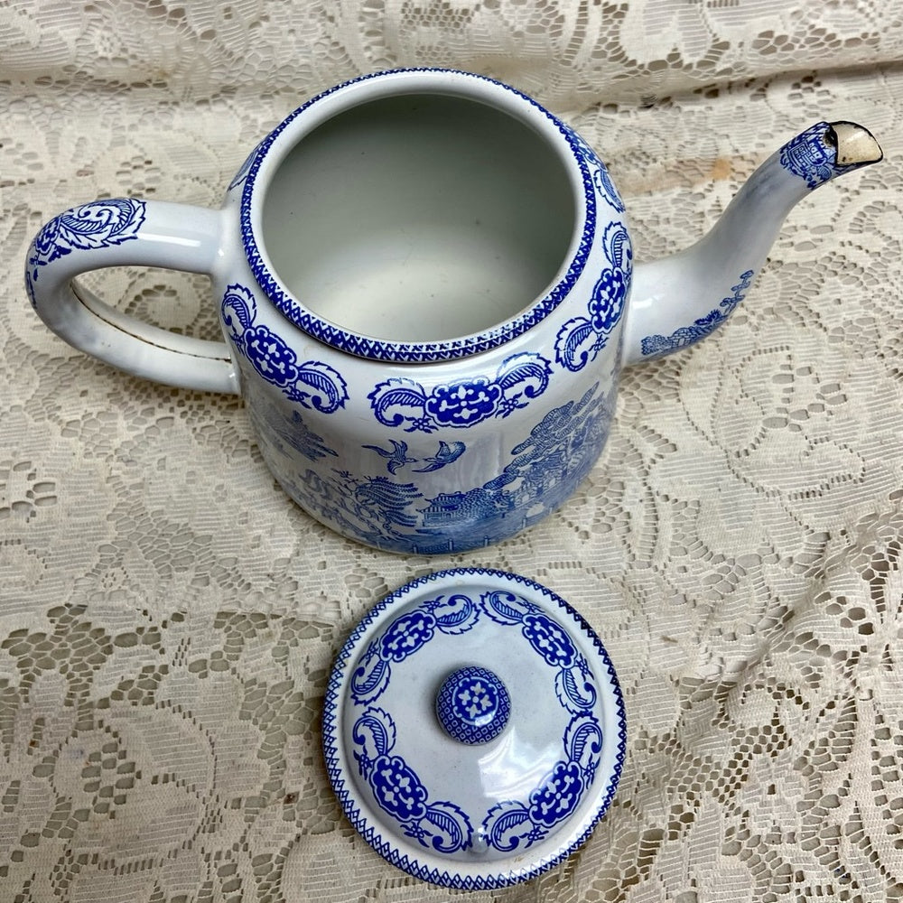 Antique,Rare, Blue Willow Enamelware Teapot or Tea Kettle 10in W x 7.5in H