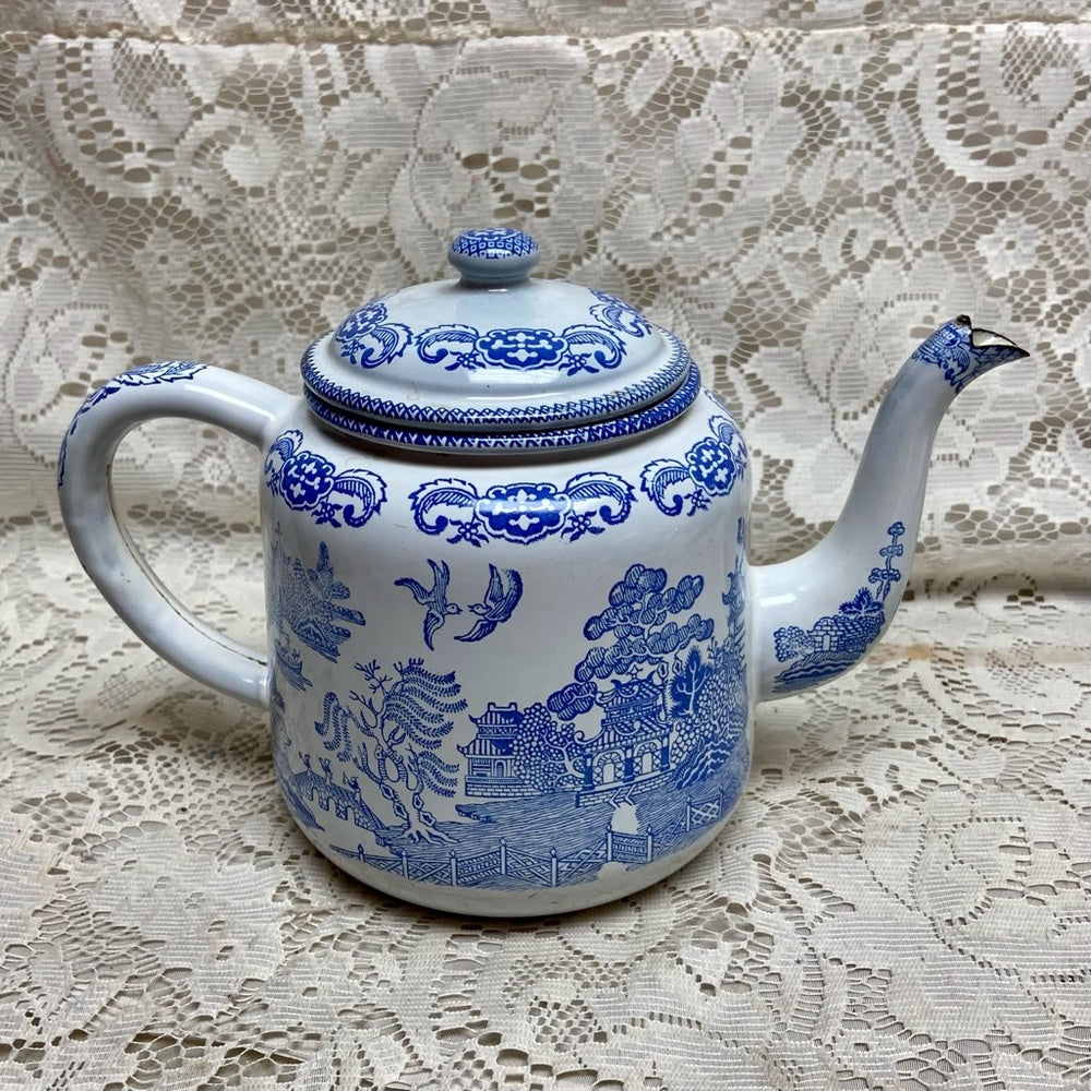 Antique,Rare, Blue Willow Enamelware Teapot or Tea Kettle 10in W x 7.5in H