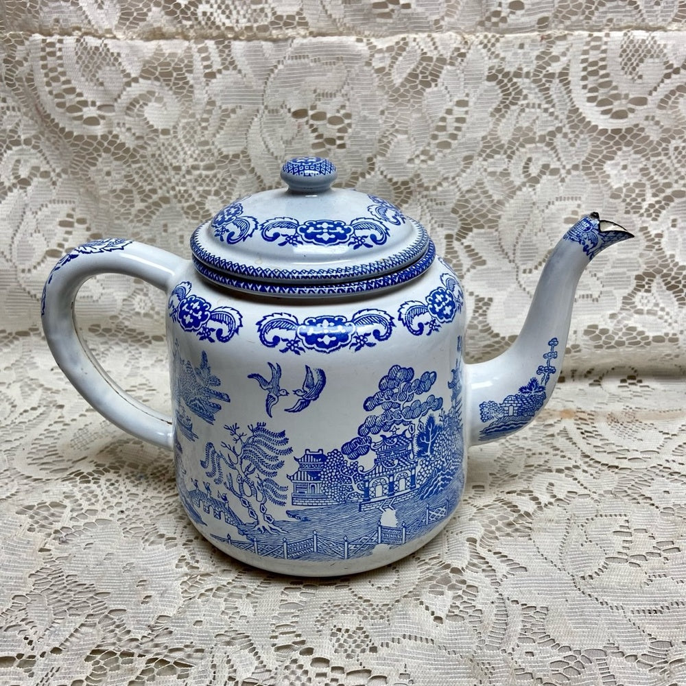 Antique,Rare, Blue Willow Enamelware Teapot or Tea Kettle 10in W x 7.5in H