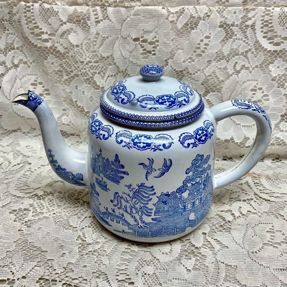 Antique,Rare, Blue Willow Enamelware Teapot or Tea Kettle 10in W x 7.5in H