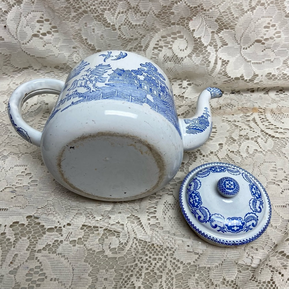 Antique,Rare, Blue Willow Enamelware Teapot or Tea Kettle 10in W x 7.5in H