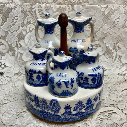 Vintage, Rare 11-pc Blue Willow Condiment Set.