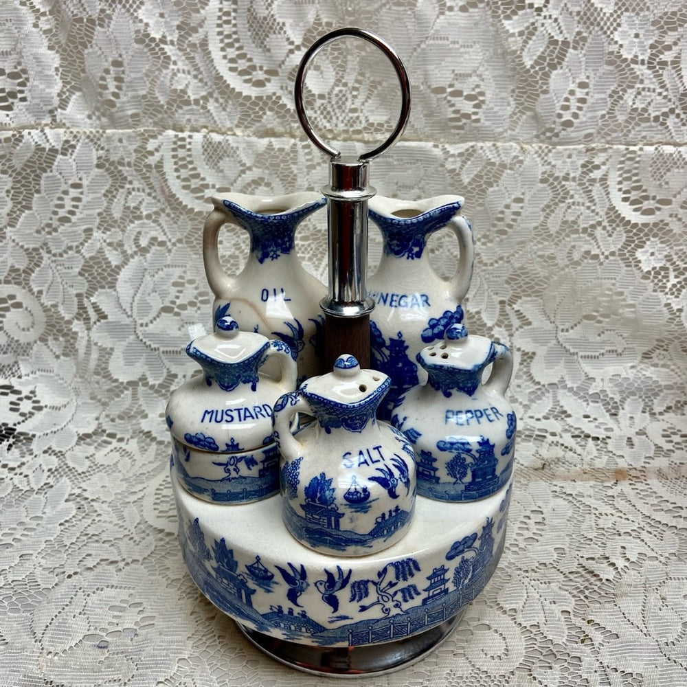 Vintage, Rare 8-pc Blue Willow Condiment Set.