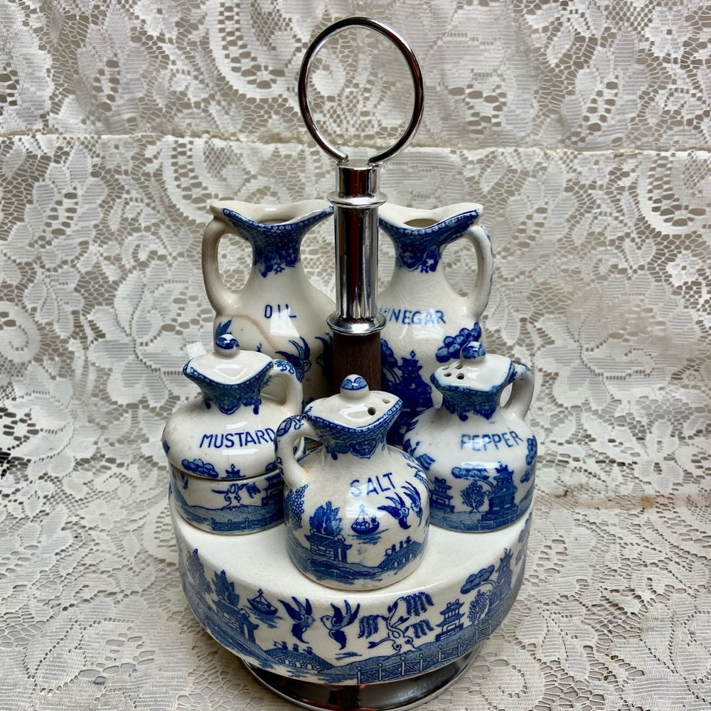 Vintage, Rare 8-pc Blue Willow Condiment Set.