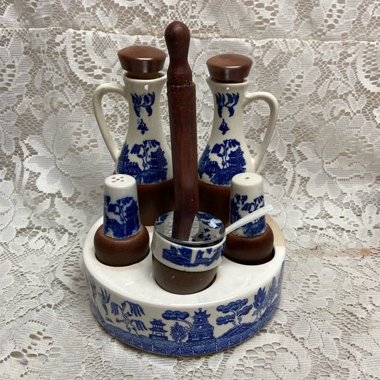 Vintage, Rare 11-pc Blue Willow Condiment Set