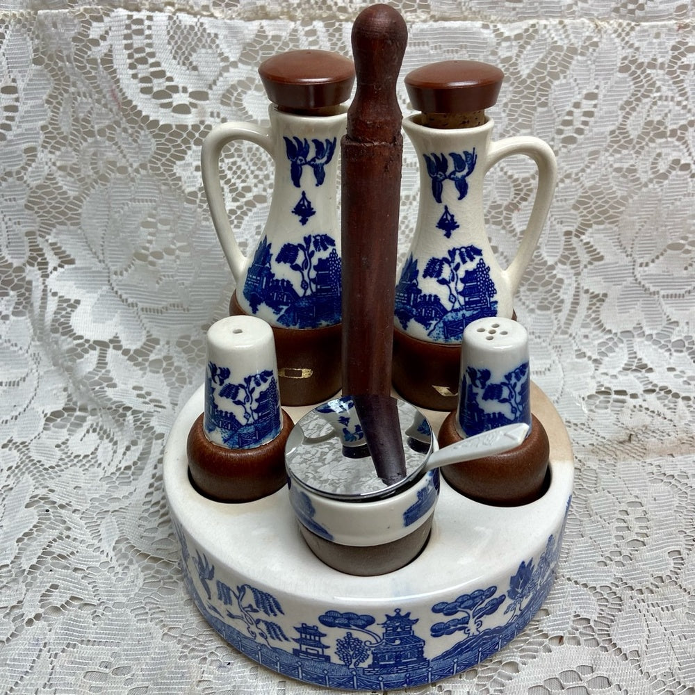 Vintage, Rare 11-pc Blue Willow Condiment Set