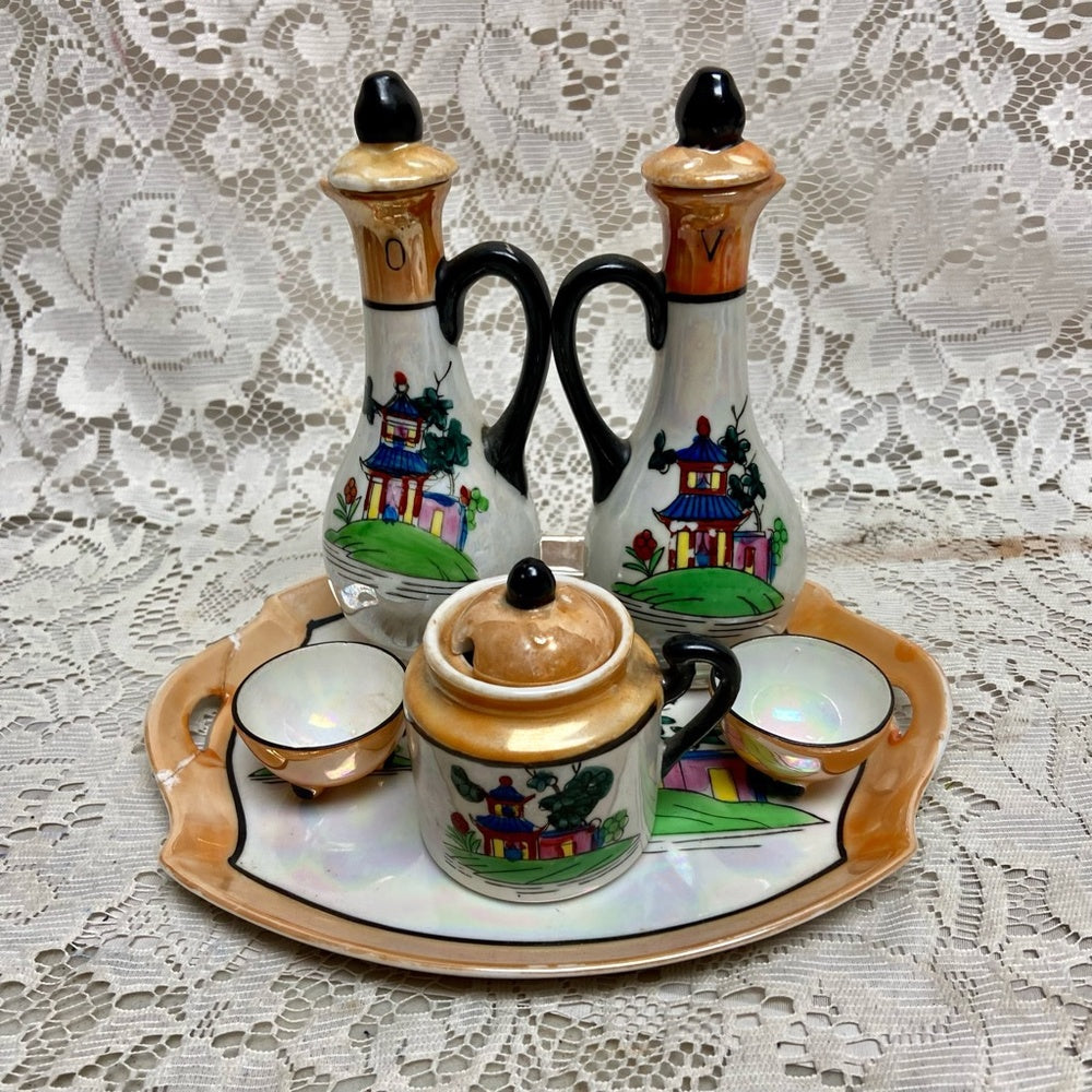 Vintage, Rare 9-pc Variant, Polychrome Blue Willow Condiment Set