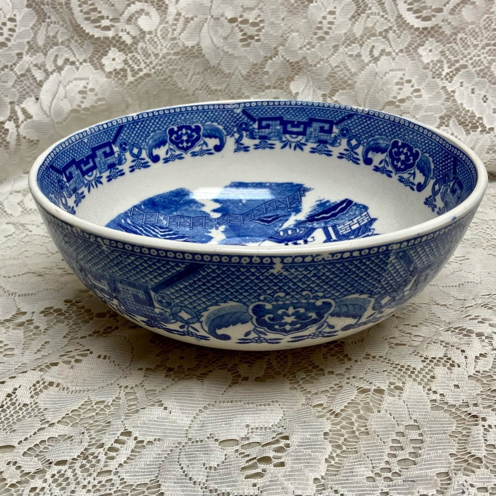 Vintage, 3pc Round Blue WillowSalad -Pasta Bowl w/ Spoon an Fork
