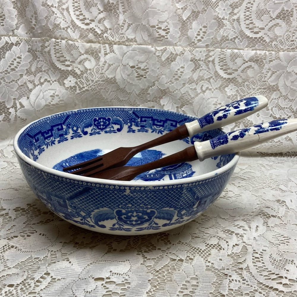 Vintage, 3pc Round Blue WillowSalad -Pasta Bowl w/ Spoon an Fork