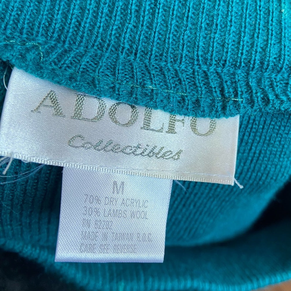 Vintage, Adolfo Collectibles 2-pc Teal Sweater Blouse and Skirt  Size M-L