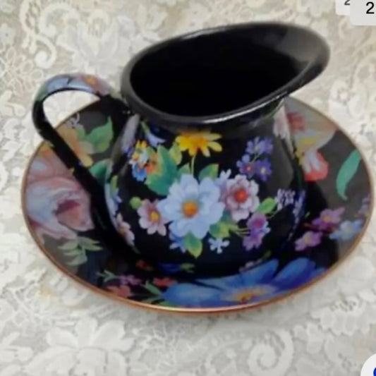 MacKenzie Childs Black Flower Market 8.5in Pitcher and 12in Pasta-Salad Bowl