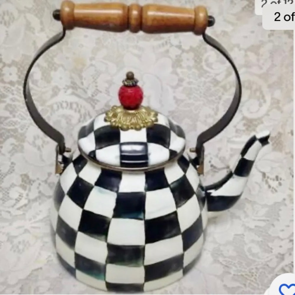 MacKenzie Childs Courtley Check Enamelware 2 Qts Tea Kettle w/ 4 Cups