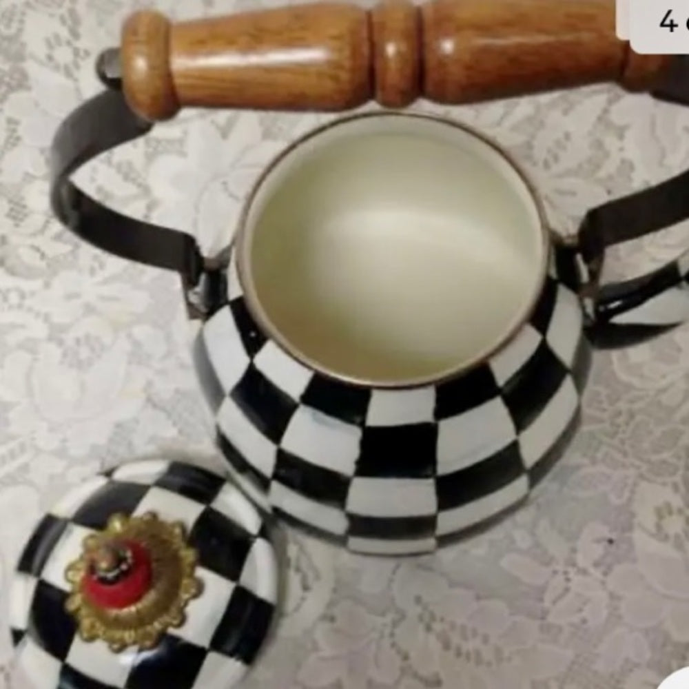 MacKenzie Childs Courtley Check Enamelware 2 Qts Tea Kettle w/ 4 Cups