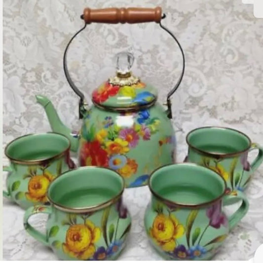 MacKenzie Childs Green Flower Market Enamelware 2 Qts Tea Kettle w/ 4 Mugs