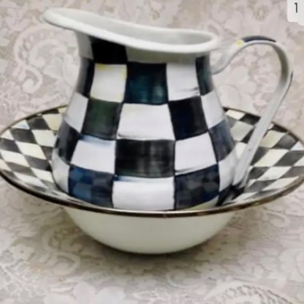 MacKenzie Childs Courtley Check Large 104 oz Pitcher 8.5inT & Pasta-Salad- Bowl