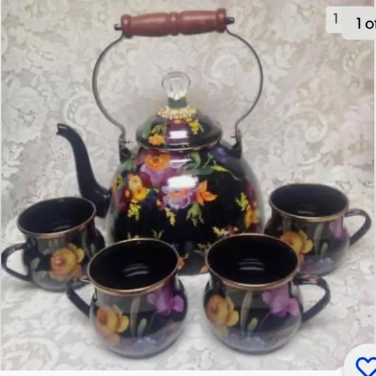 MacKenzie Childs Black Flower Market Enamel 144 oz-4.5 Qts Tea Kettle w/ 4 Mugs