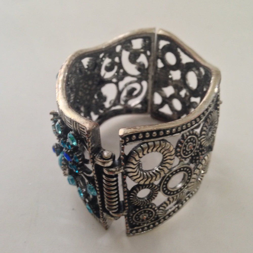 Vintage, Silver Tone and Faux Turquoise, Chunky Hinged Bangle Bracelet