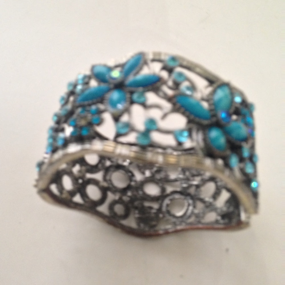 Vintage, Silver Tone and Faux Turquoise, Chunky Hinged Bangle Bracelet