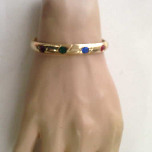 Vintage Gold Tone Hinged Bangle Bracelet with Multi-color Faux Gemstones