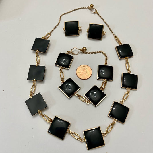 Vintage,  Gold and Black Thermoset Parure Set- Necklace, Bracelet and Earrings