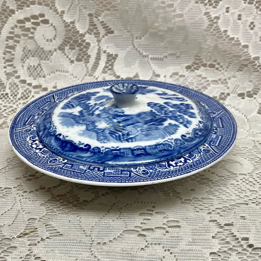 Vintage, Blue Willow  Round Covered Butter Dish  6.5in D x 2.5in H