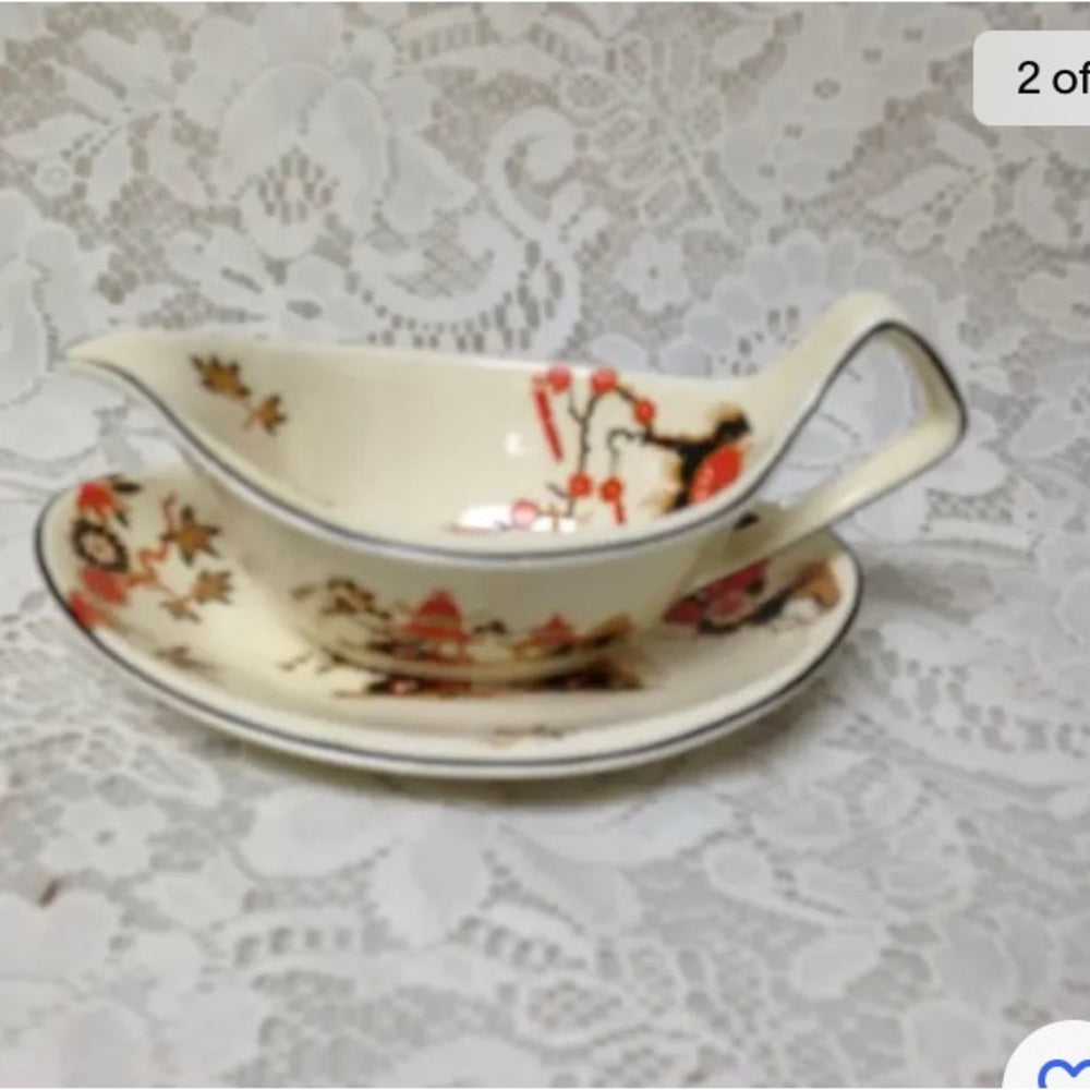 Vintage, Rare, Wedgwood, England,Variant,Gaudy Blue Willow 2pc Gravy-Sauce Boat