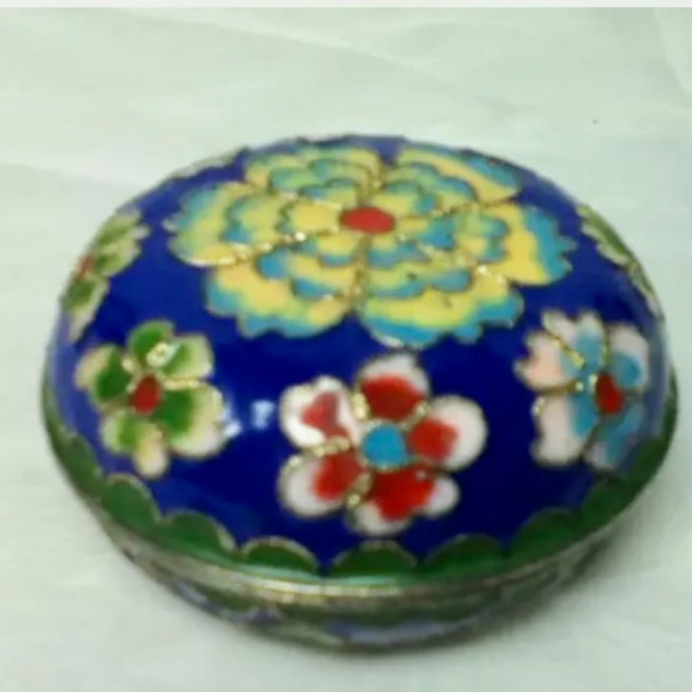 Vintage, Elegant, Cloissone Style Enamel Floral Round Trinket Box  2.5in x 1.5in