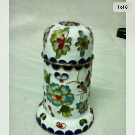 Vintage, Enamel, Cloissone Style White Cigarette-Toothpick Box 3.5in x 2in