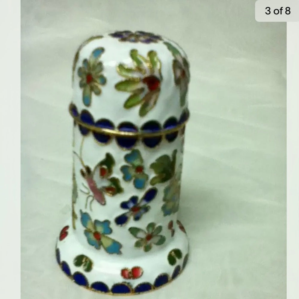 Vintage, Enamel, Cloissone Style White Cigarette-Toothpick Box 3.5in x 2in