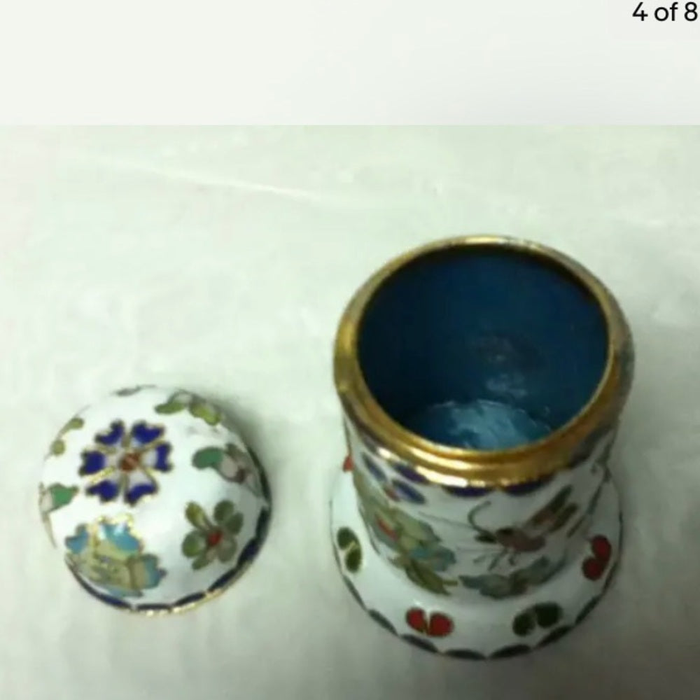 Vintage, Enamel, Cloissone Style White Cigarette-Toothpick Box 3.5in x 2in