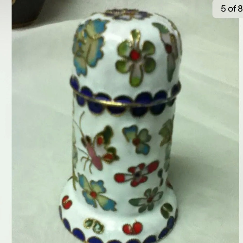 Vintage, Enamel, Cloissone Style White Cigarette-Toothpick Box 3.5in x 2in