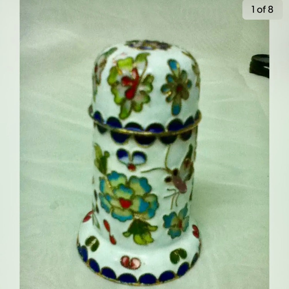 Vintage, Enamel, Cloissone Style White Cigarette-Toothpick Box 3.5in x 2in