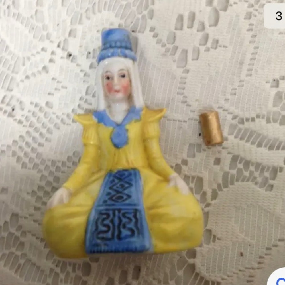 Vintage, Germany,  2pc Lady in Yellow Ceramic Snuff Bottle 3.5in H (sfta)  This
