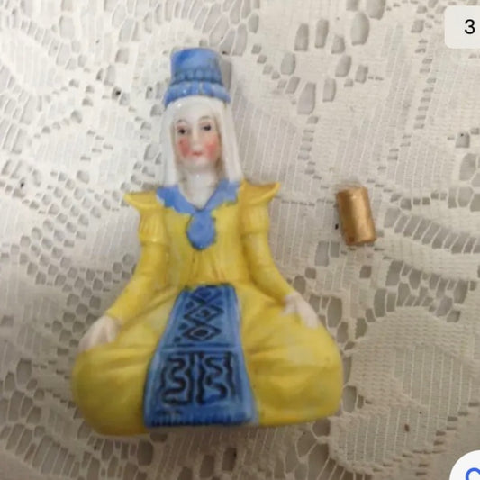 Vintage, Germany,  2pc Lady in Yellow Ceramic Snuff Bottle 3.5in H (sfta)  This