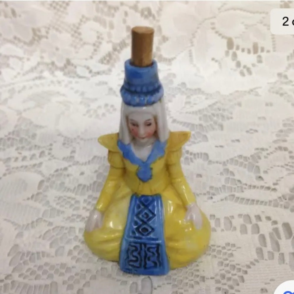 Vintage, Germany,  2pc Lady in Yellow Ceramic Snuff Bottle 3.5in H (sfta)  This