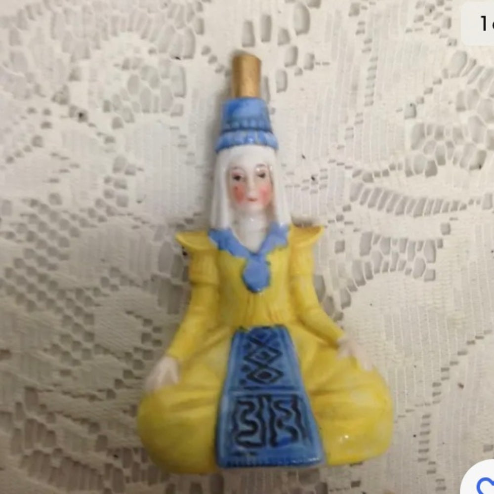 Vintage, Germany,  2pc Lady in Yellow Ceramic Snuff Bottle 3.5in H (sfta)  This