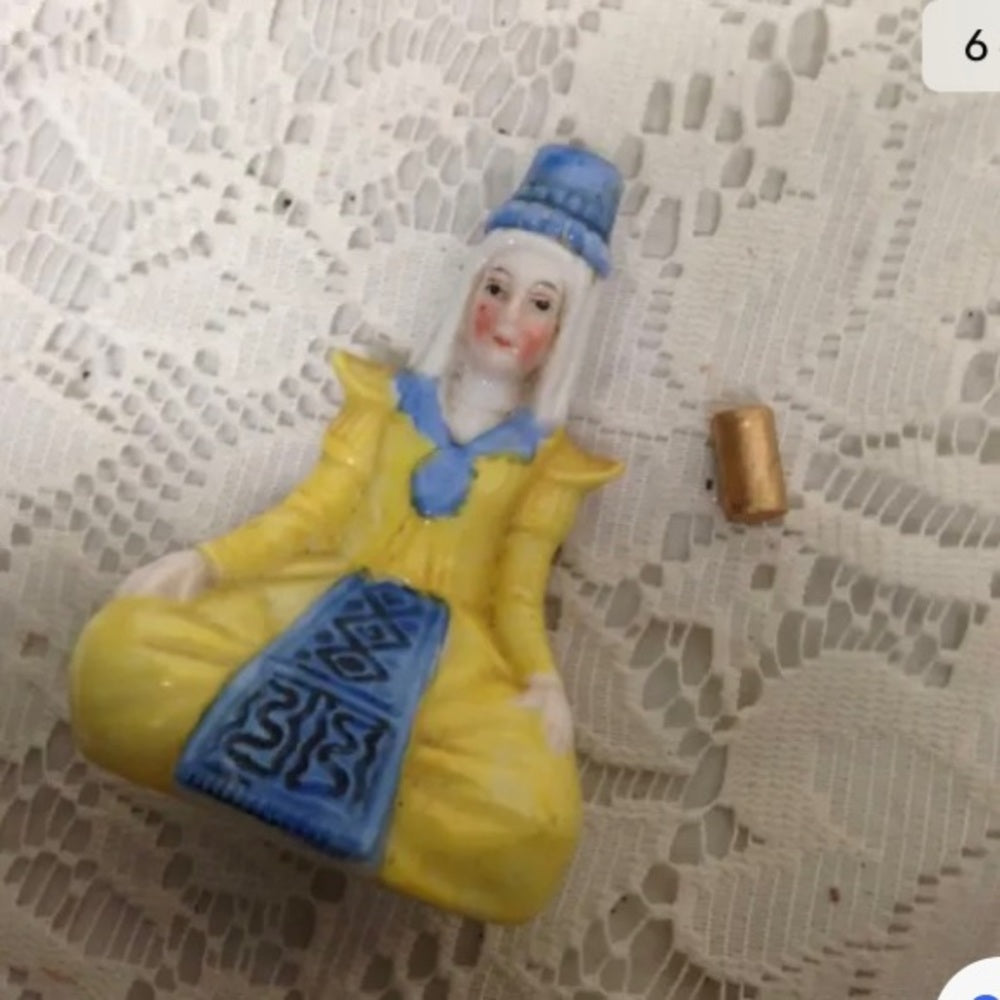 Vintage, Germany,  2pc Lady in Yellow Ceramic Snuff Bottle 3.5in H (sfta)  This