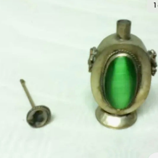 Vintage, Green and Silver Tone Snuff Bottle 2.5in H x 1.5in W