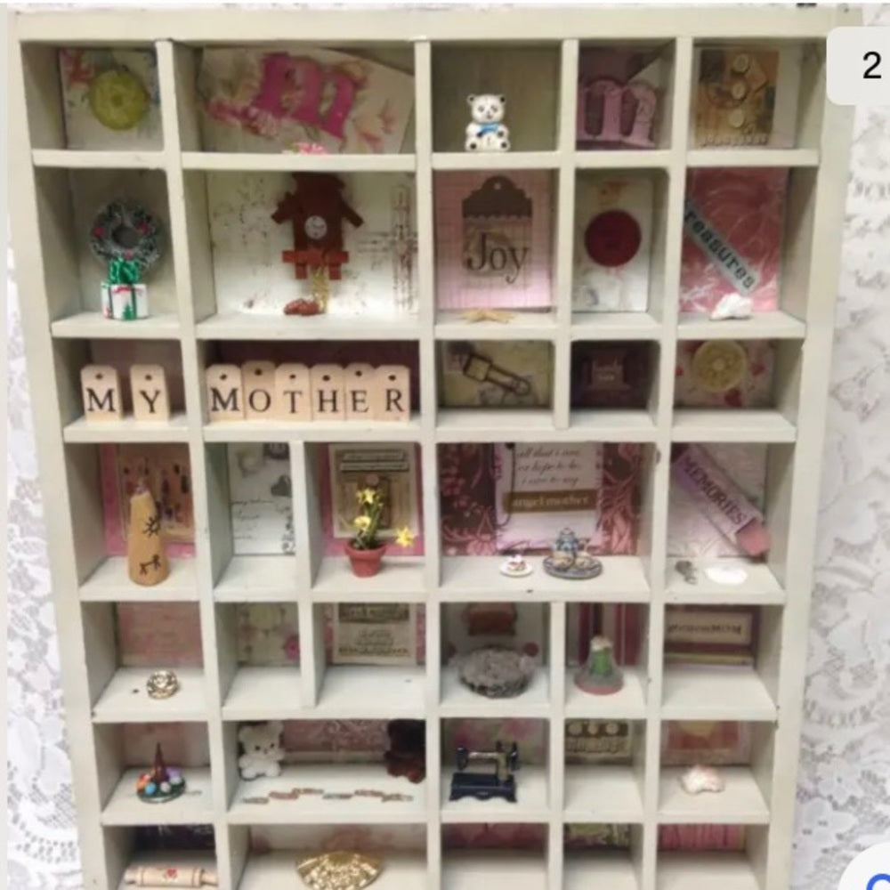 Vintage, Mothers Day, Wooden Shadow Box with Miniatures 17in x 14in x  2in