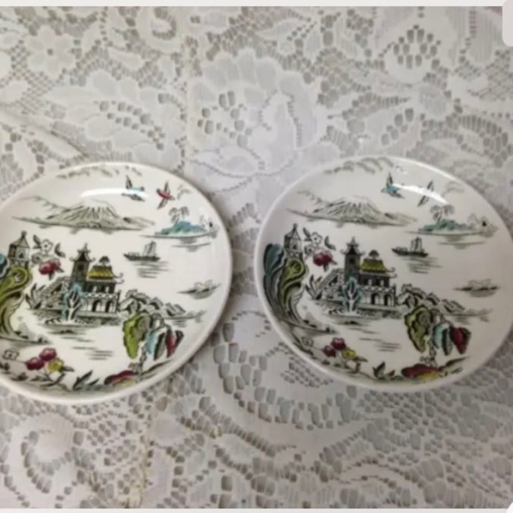 Vintage, Rare, England, Myott Gaudy Willow 2pc Butter Pat 4in D