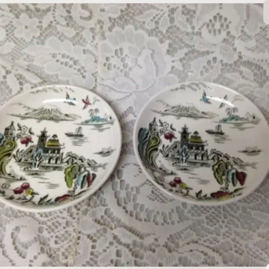 Vintage, Rare, England, Myott Gaudy Willow 2pc Butter Pat 4in D