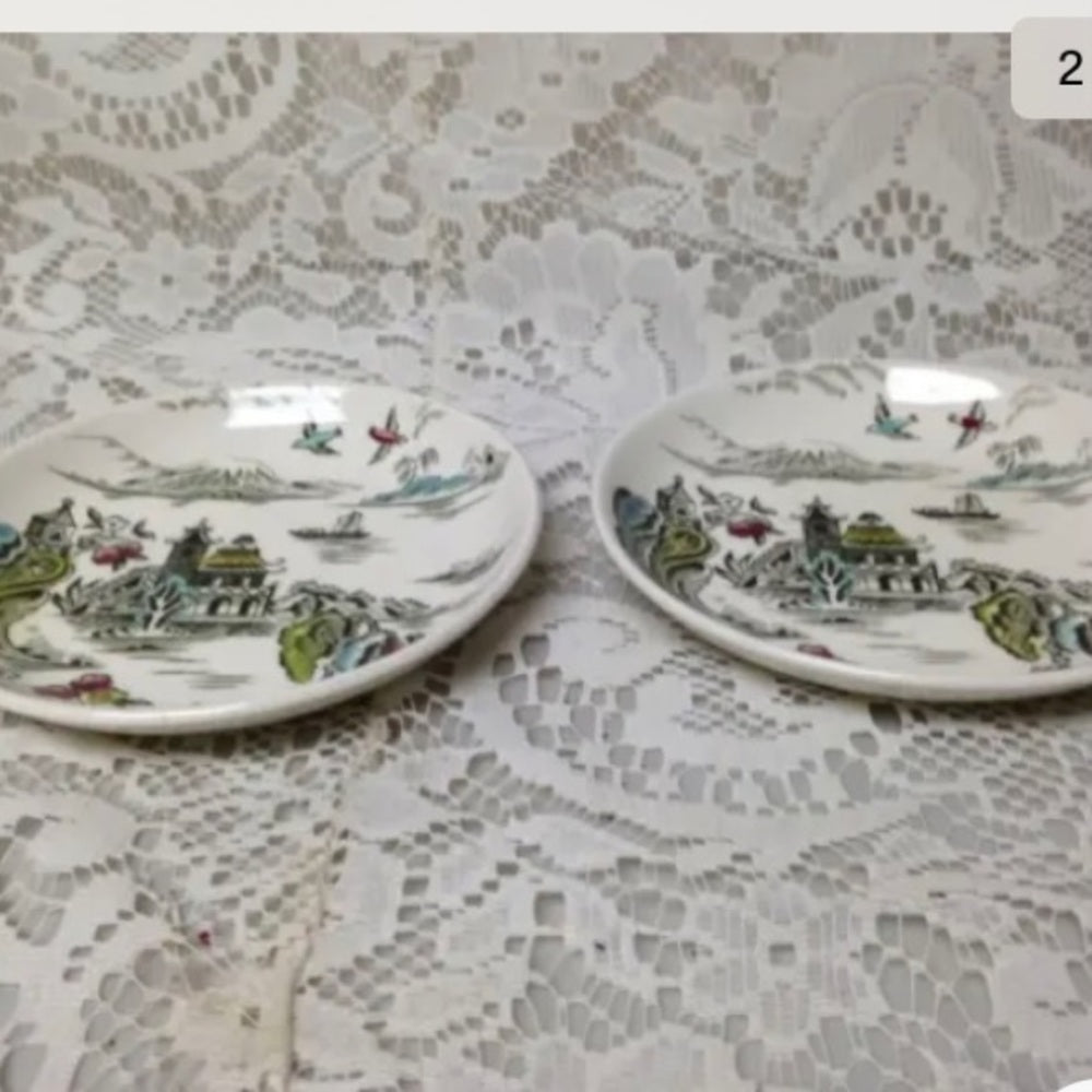 Vintage, Rare, England, Myott Gaudy Willow 2pc Butter Pat 4in D