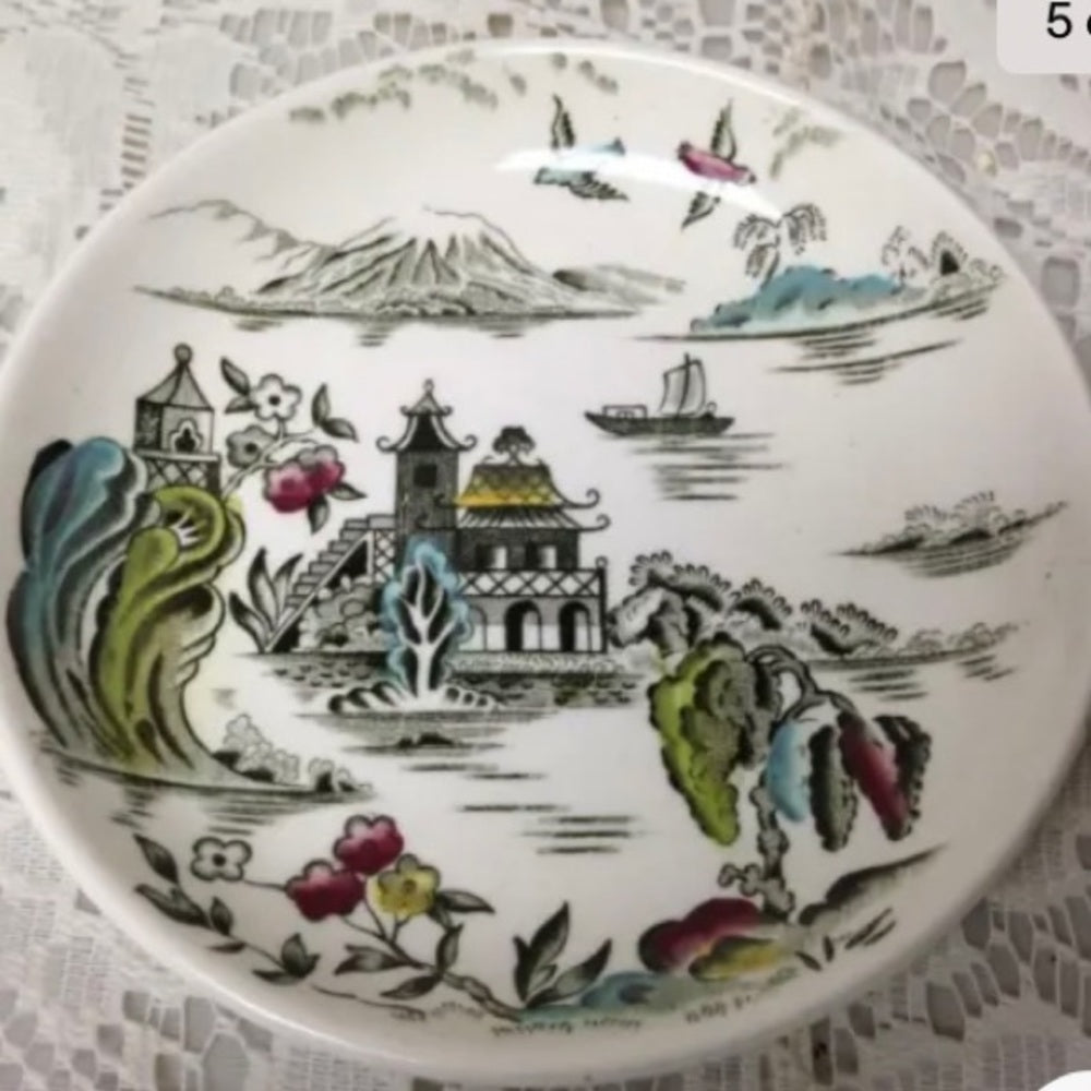 Vintage, Rare, England, Myott Gaudy Willow 2pc Butter Pat 4in D