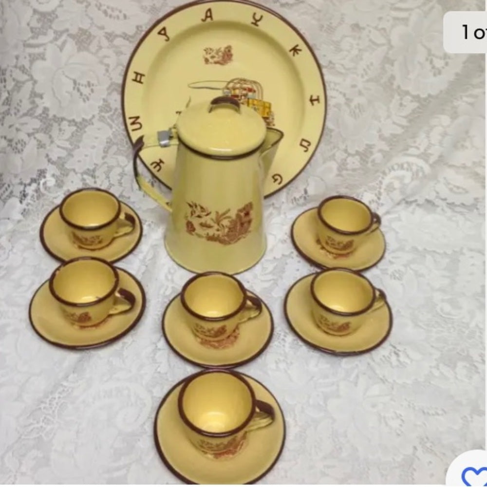 Vintage, Rare, Enamelware, 14pc Red-Blue Willow Coffee-Tea Set (2Z0521)  This is