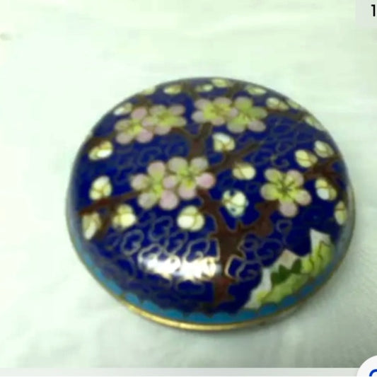 Vintage, Elegant, Cloissone Cherry Blossoms Round Trinket Box  2.5in x 1.5in